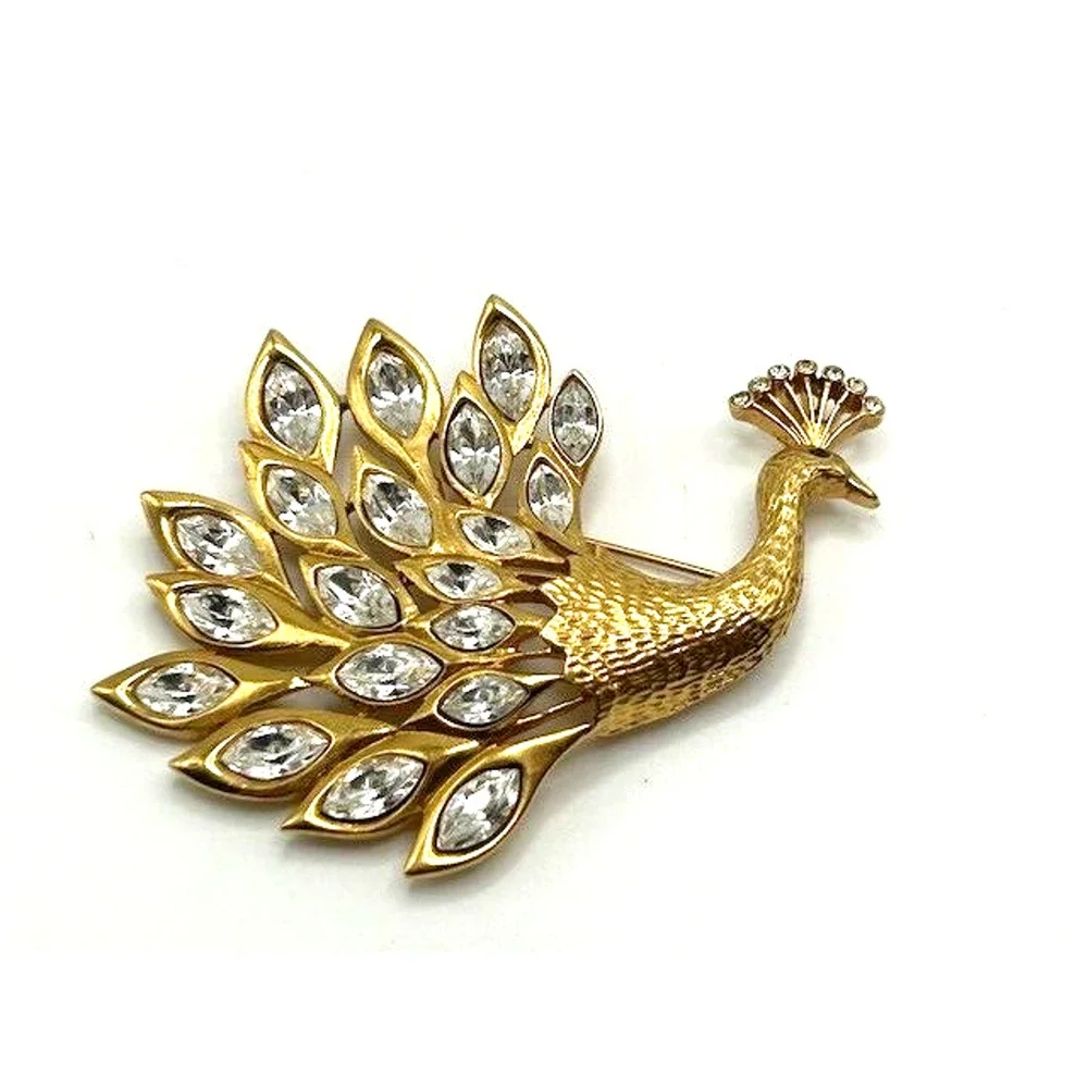 Vintage Strutting‎ Goldtone Peacock With Navette Rhinestone Plumage Brooch Pin